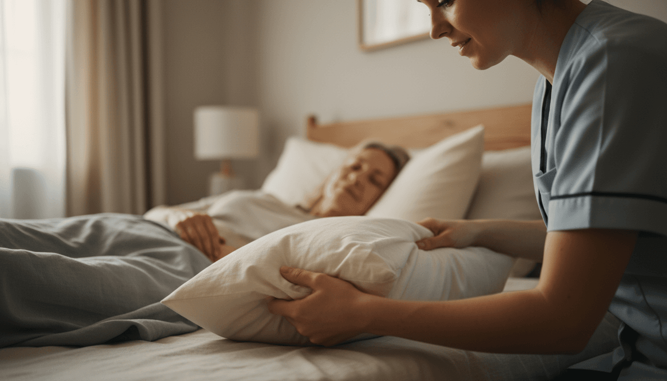 Enfermera asegurando comodidad del paciente en su cama