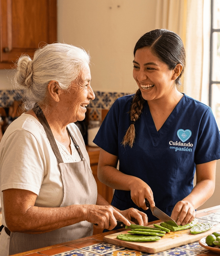 Cuidadora y mujer mayor sonríen alegremente mientras cortan nopales juntas en una cocina tradicional.